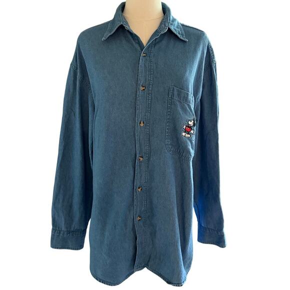 Mickey Mouse Graphic Denim Long Sleeve Button Down Shirt Womens Medium Relaxed - Picture 1 of 10